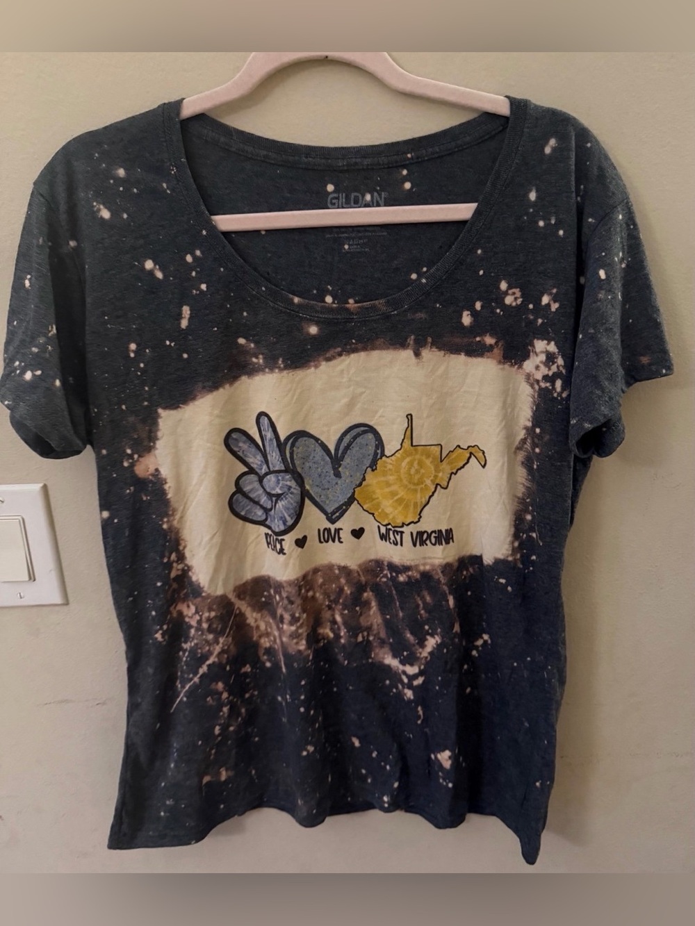 Gildan Black Bleached Tee with Blue Peace & Heart and Yellow West Virginia